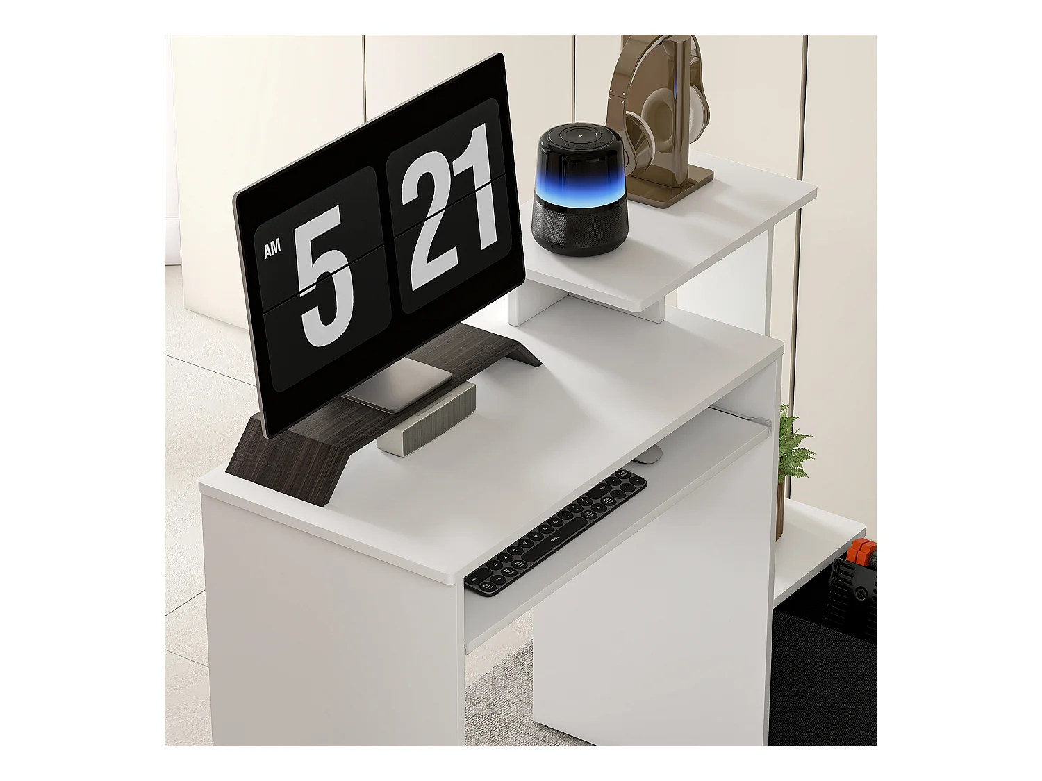 Scrivania per pc in legno con cassetto in tessuto bianco e nero