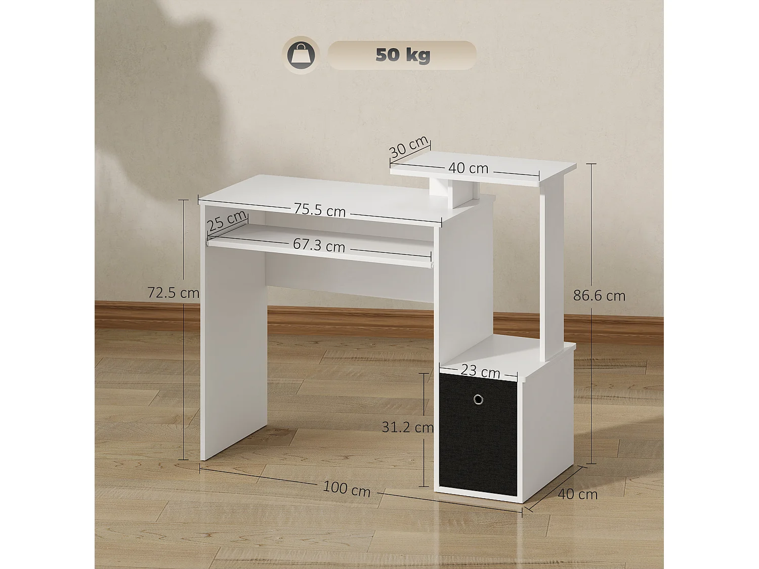 Scrivania per pc in legno con cassetto in tessuto bianco e nero