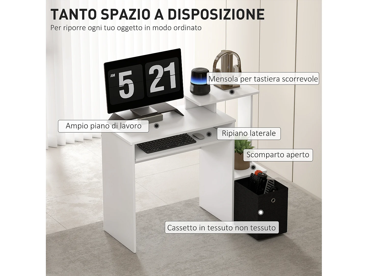 Scrivania per pc in legno con cassetto in tessuto bianco e nero
