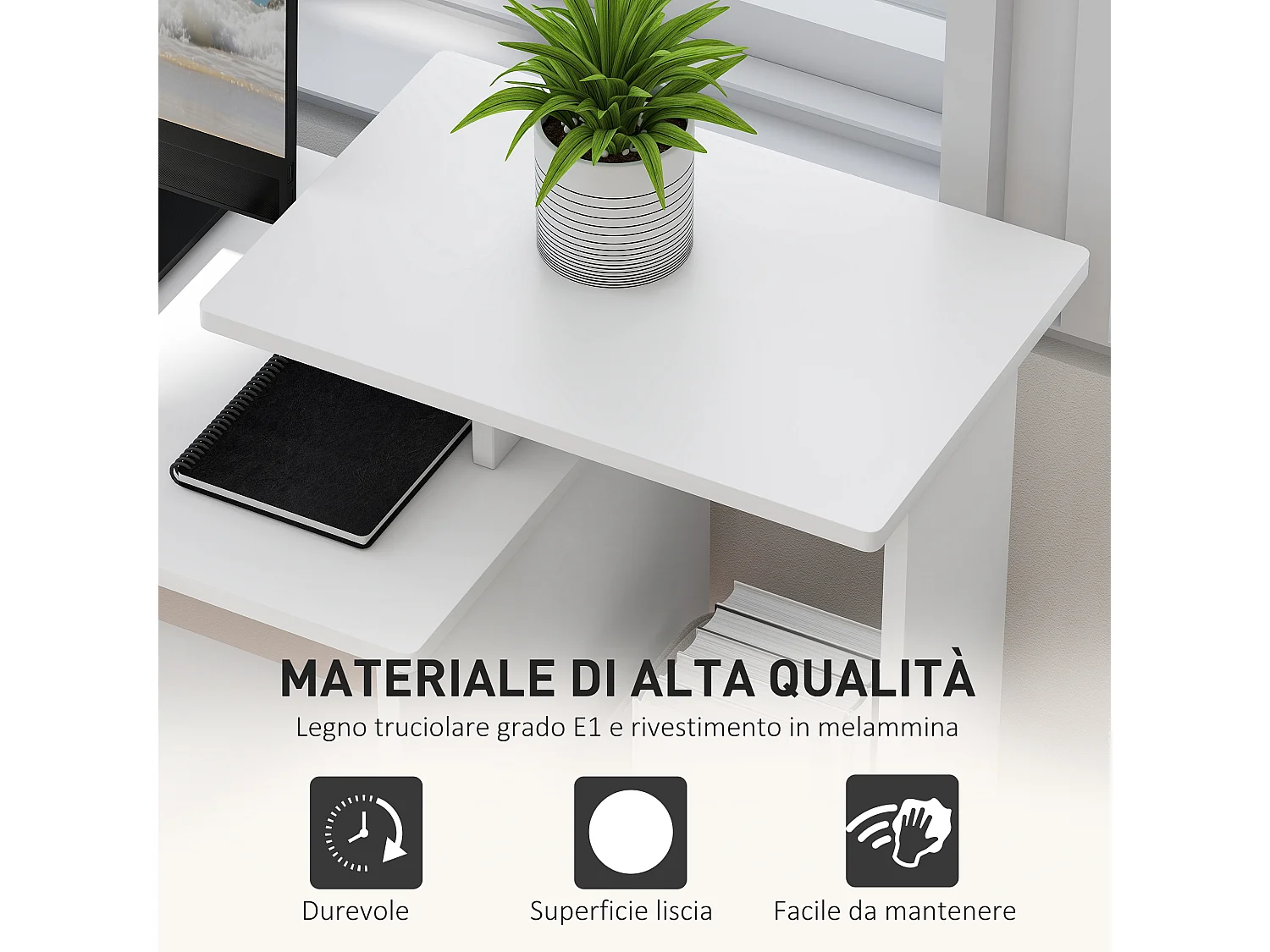 Scrivania per pc in legno con cassetto in tessuto bianco e nero