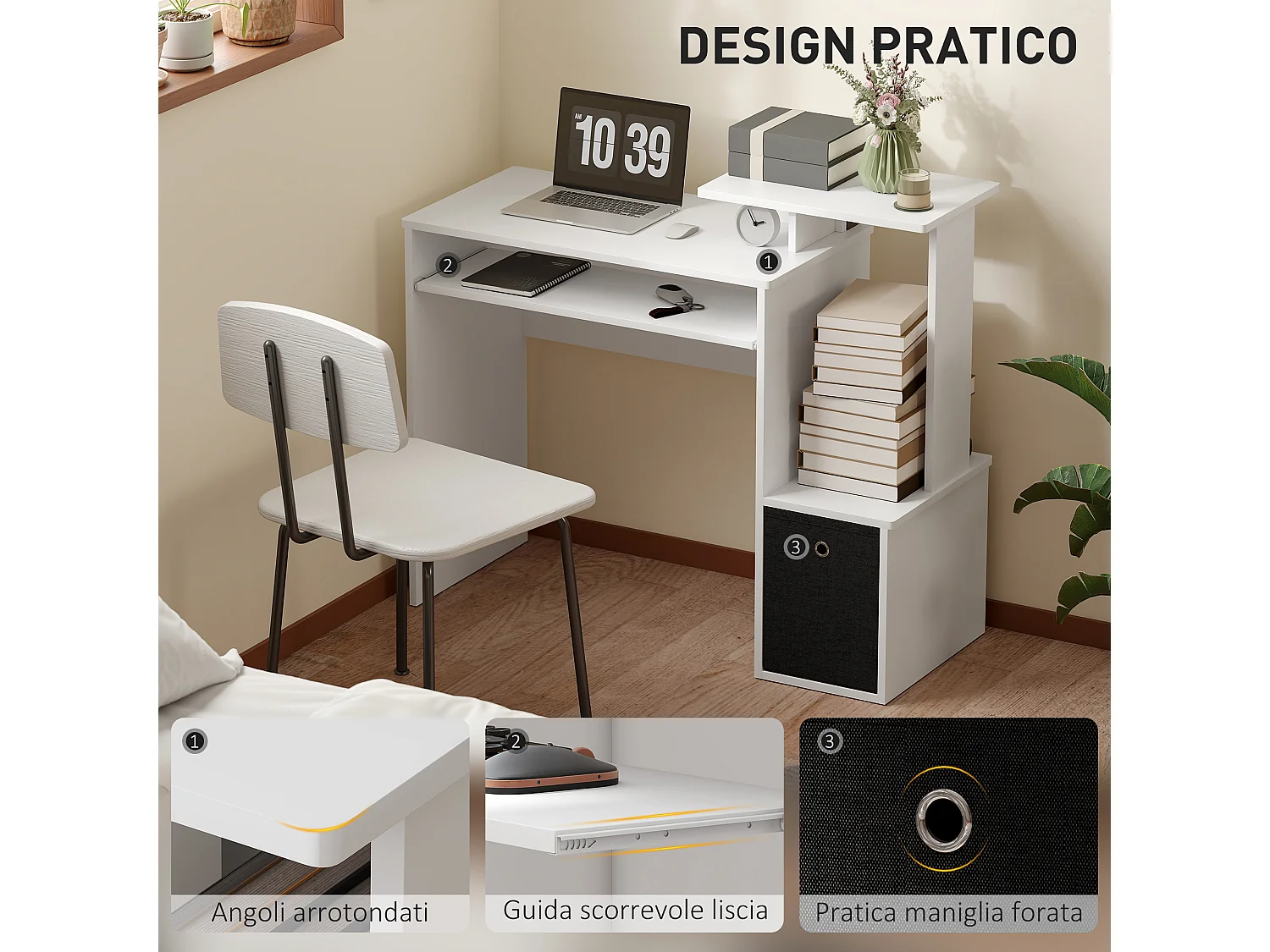 Scrivania per pc in legno con cassetto in tessuto bianco e nero