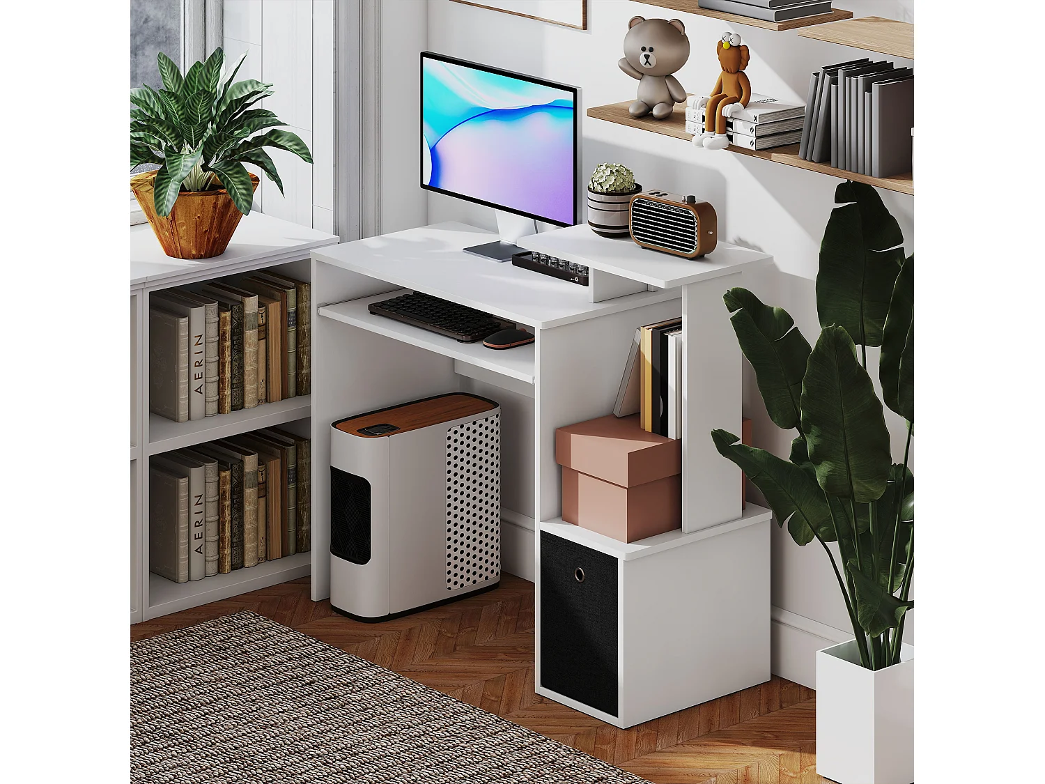 Scrivania per pc in legno con cassetto in tessuto bianco e nero