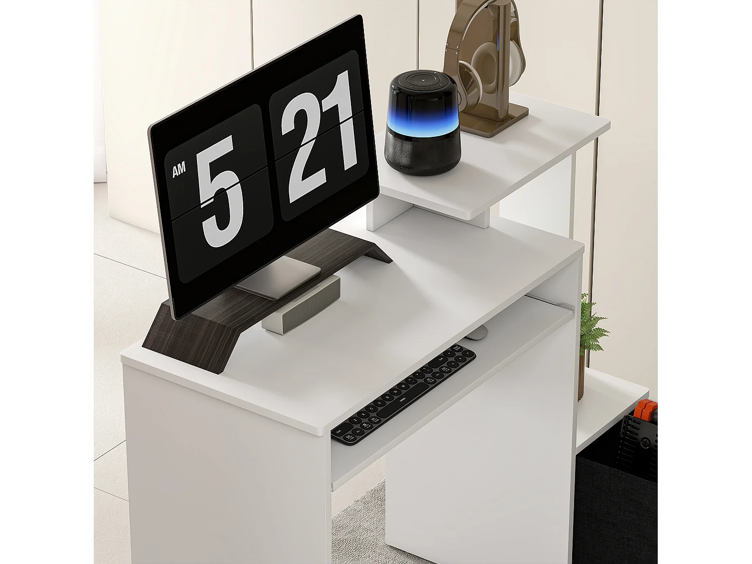 Scrivania per pc in legno con cassetto in tessuto bianco e nero