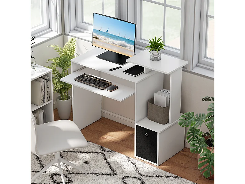 Scrivania per pc in legno con cassetto in tessuto bianco e nero