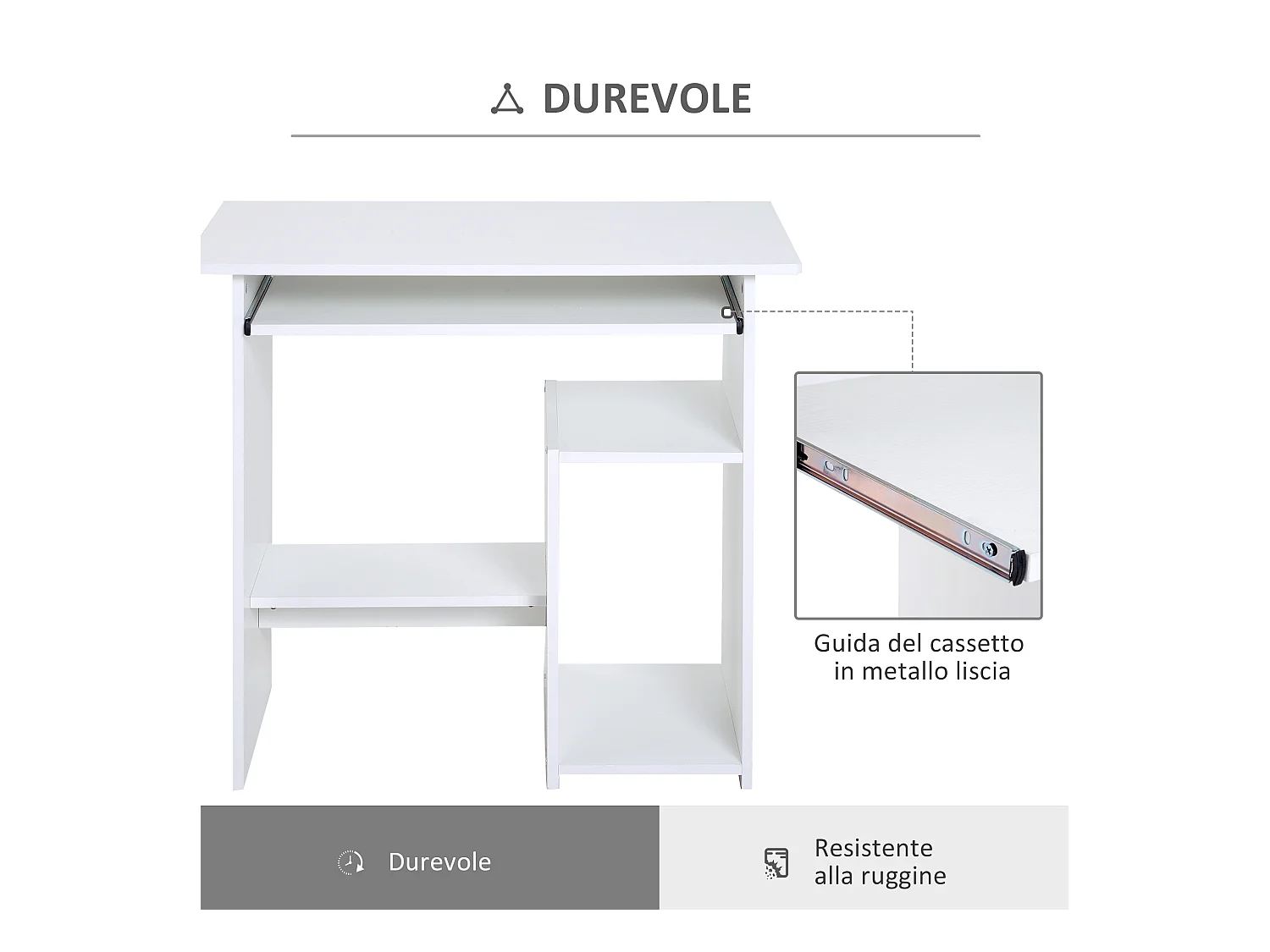 Scrivania pc in legno con mensola tastiera estraibile bianco
