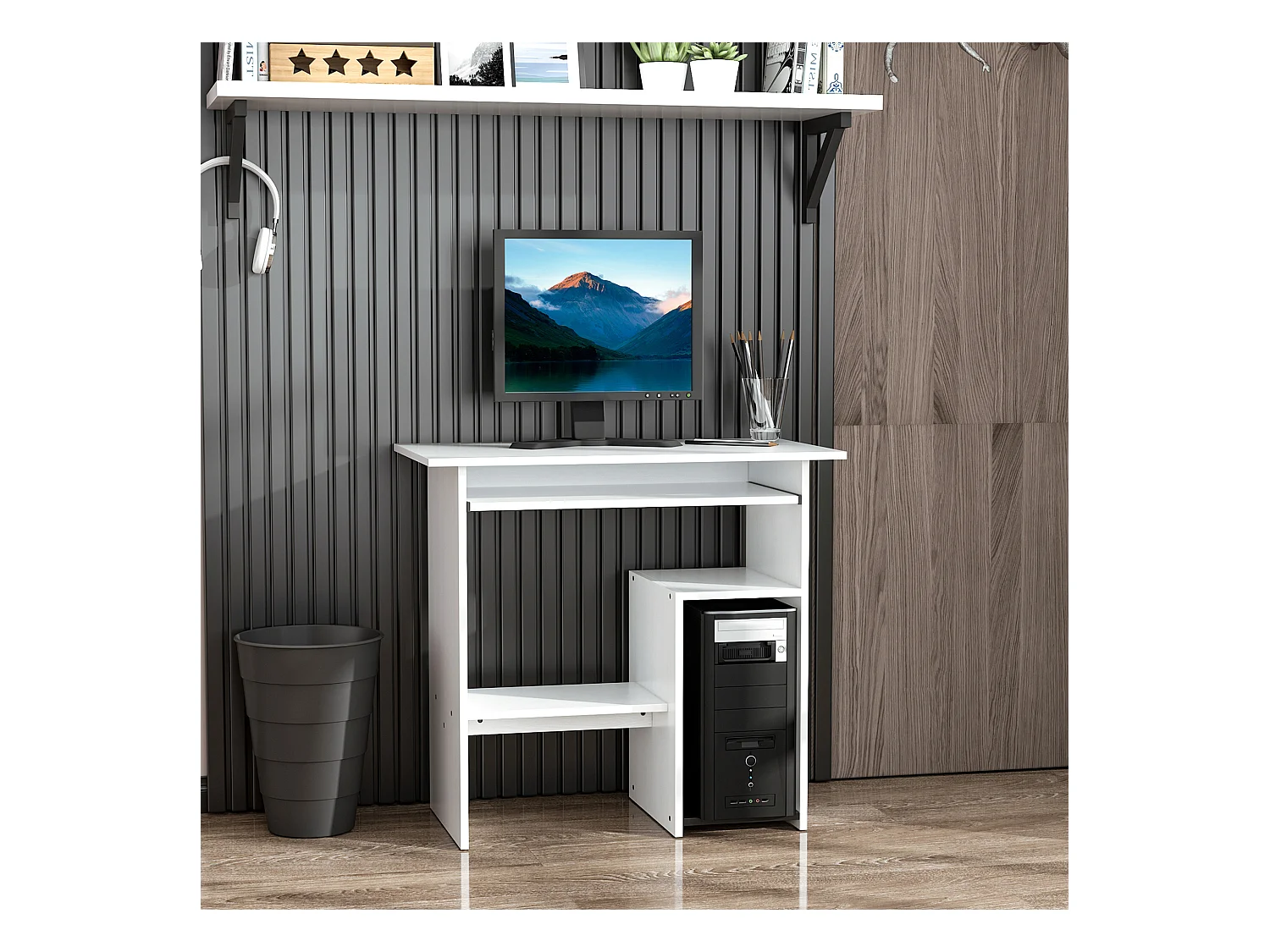 Scrivania pc in legno con mensola tastiera estraibile bianco