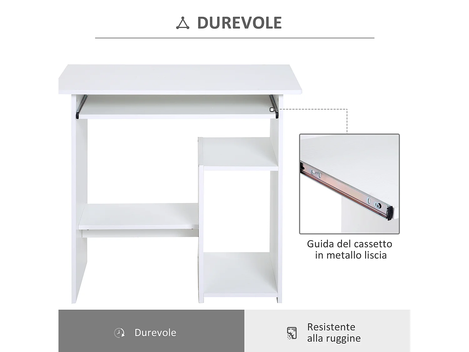 Scrivania pc in legno con mensola tastiera estraibile bianco