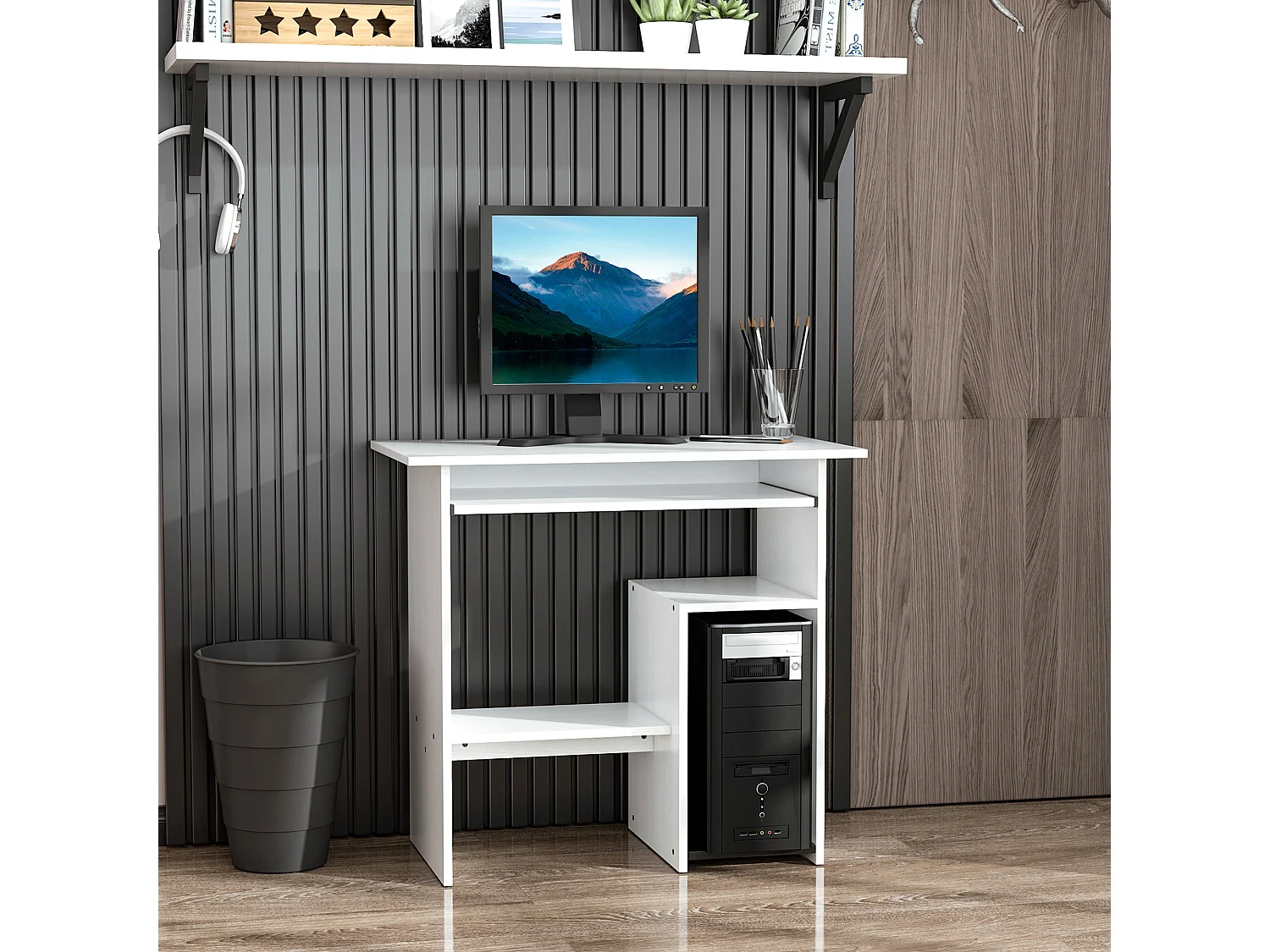 Scrivania pc in legno con mensola tastiera estraibile bianco