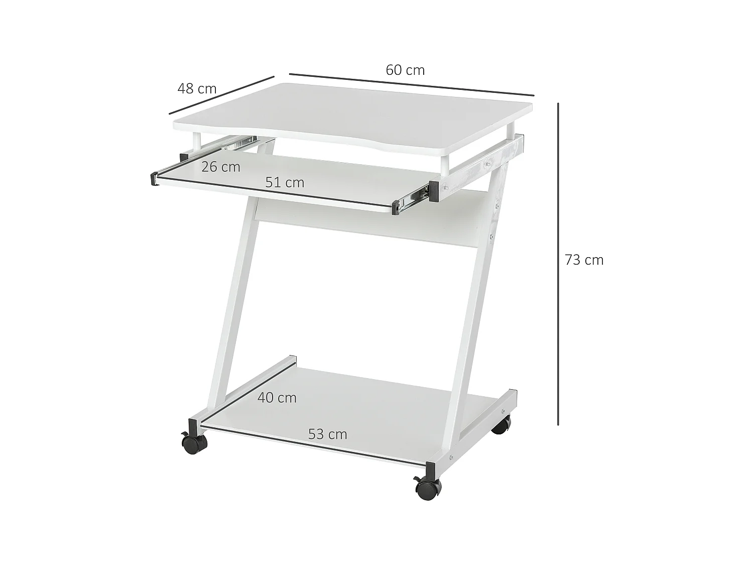 Tavolo porta pc classico 4 ruote in ferro e legno bianco