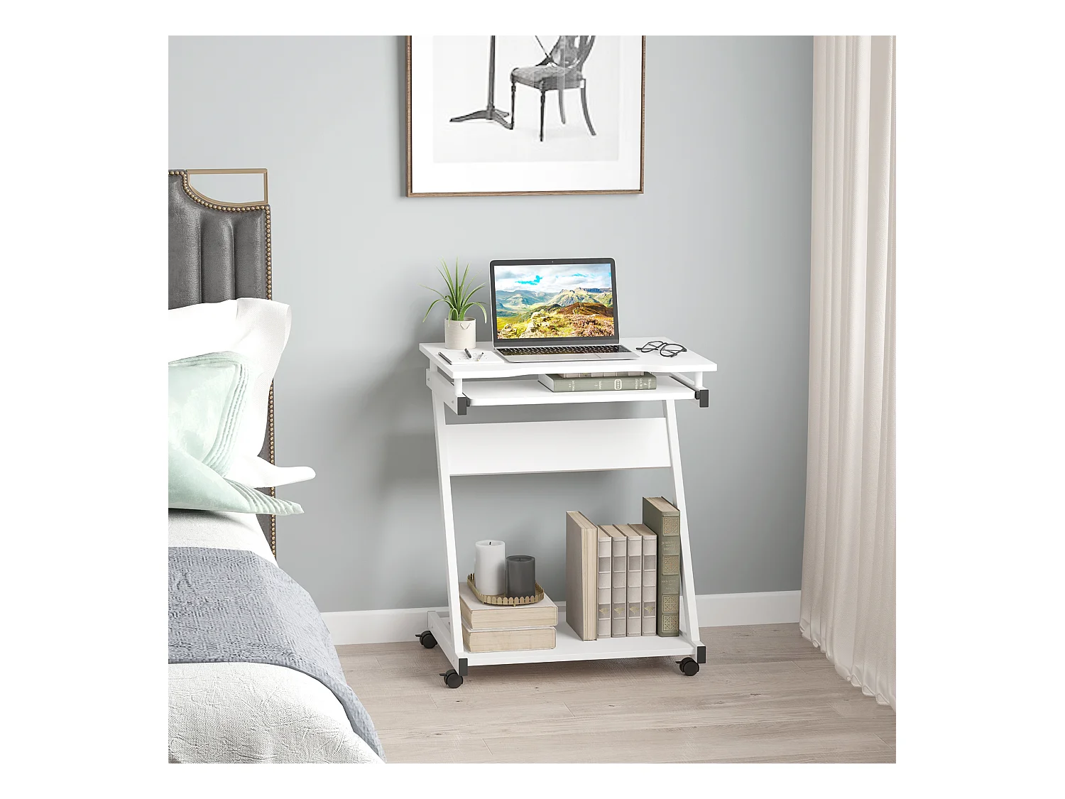 Tavolo porta pc classico 4 ruote in ferro e legno bianco