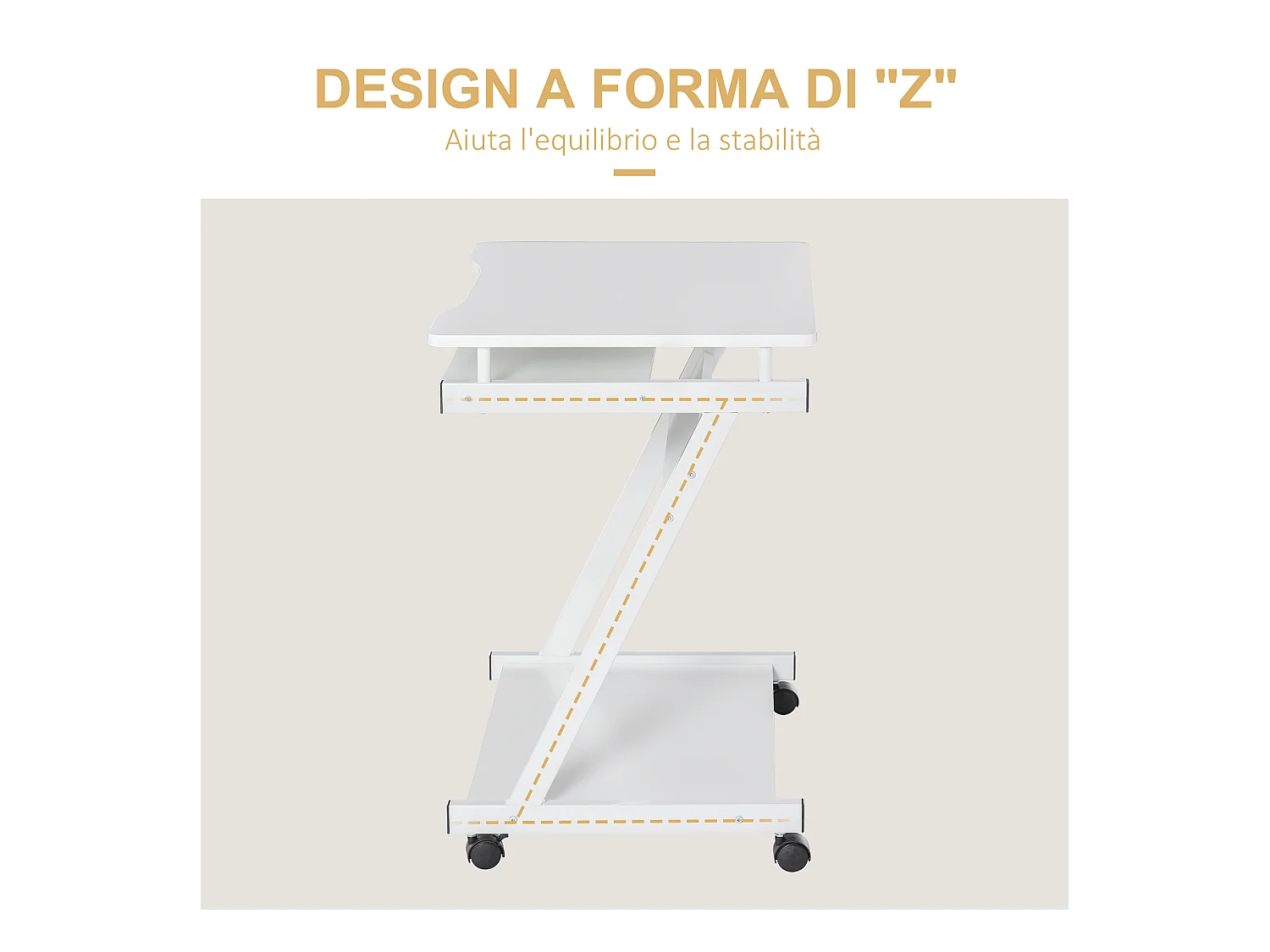 Tavolo porta pc classico 4 ruote in ferro e legno bianco