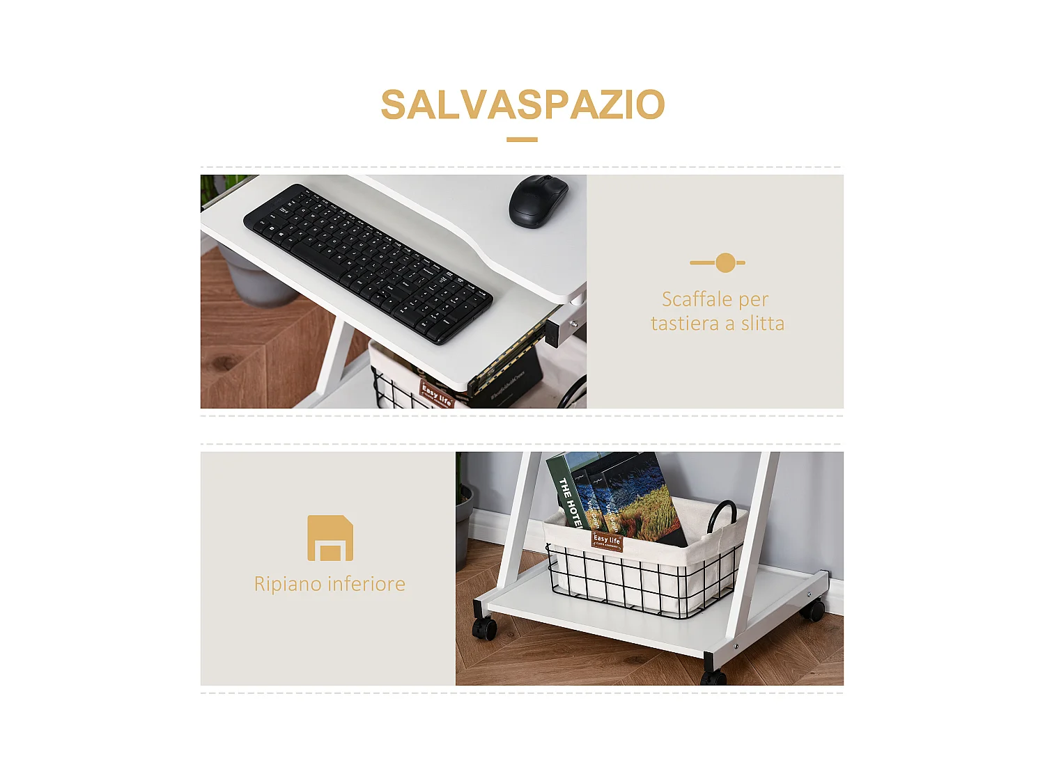 Tavolo porta pc classico 4 ruote in ferro e legno bianco