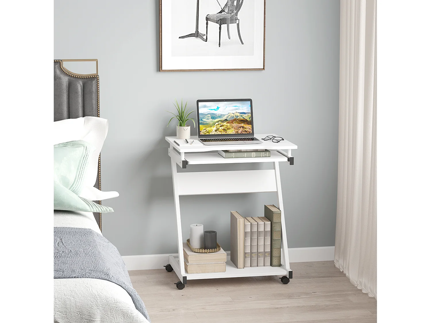 Tavolo porta pc classico 4 ruote in ferro e legno bianco