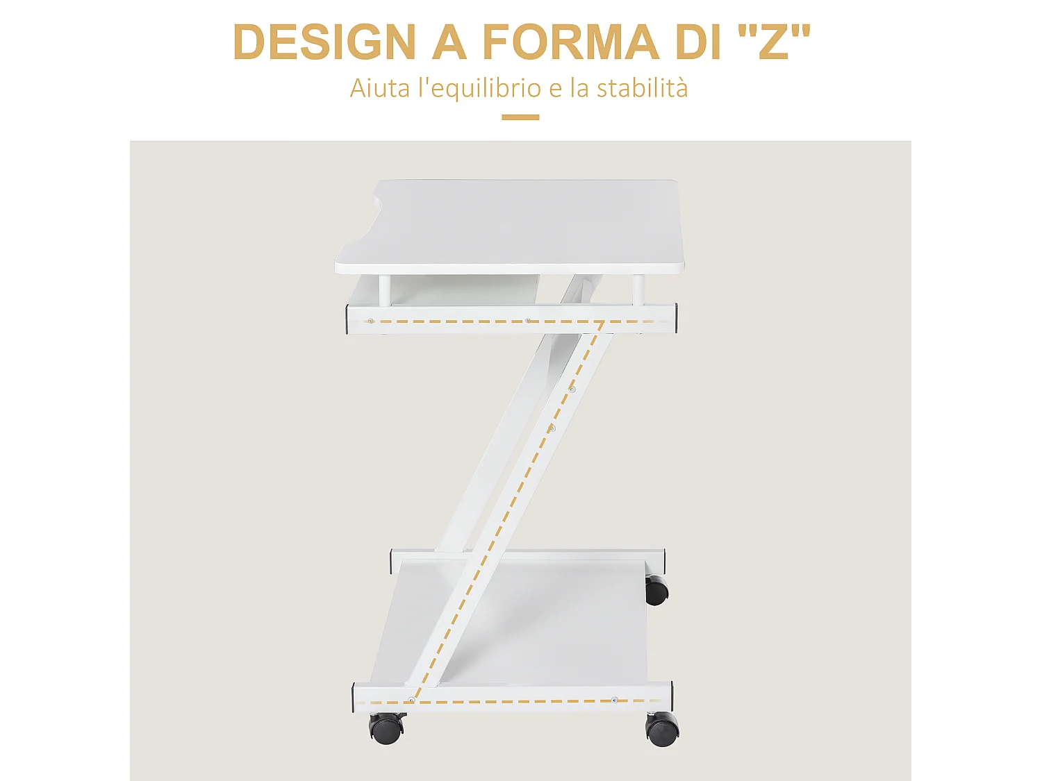 Tavolo porta pc classico 4 ruote in ferro e legno bianco