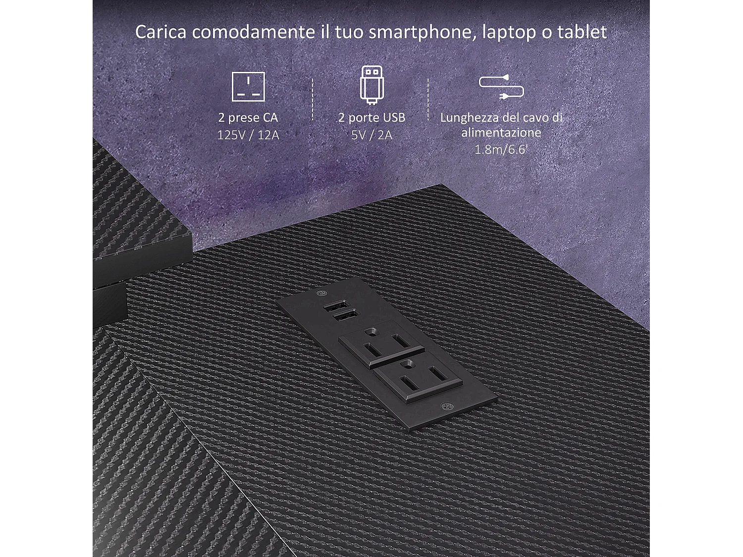 Scrivania angolare reversibile con luci led prese usb e ripiani nero