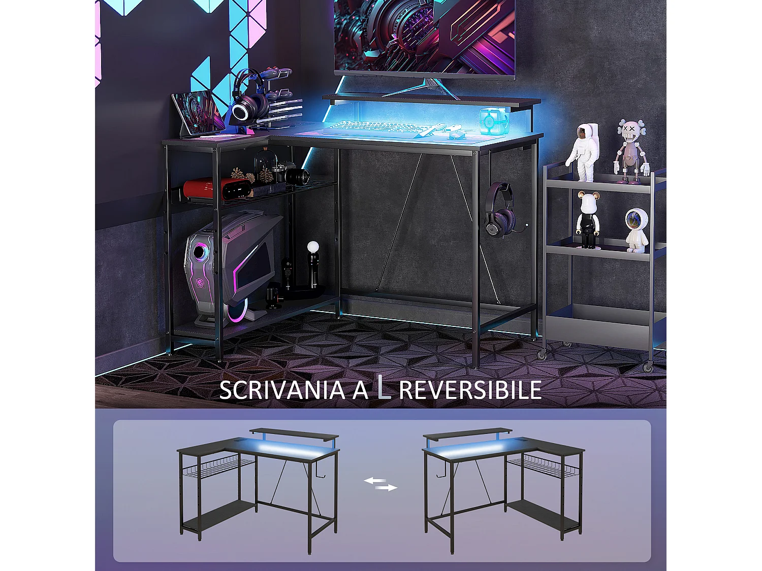 Scrivania angolare reversibile con luci led prese usb e ripiani nero