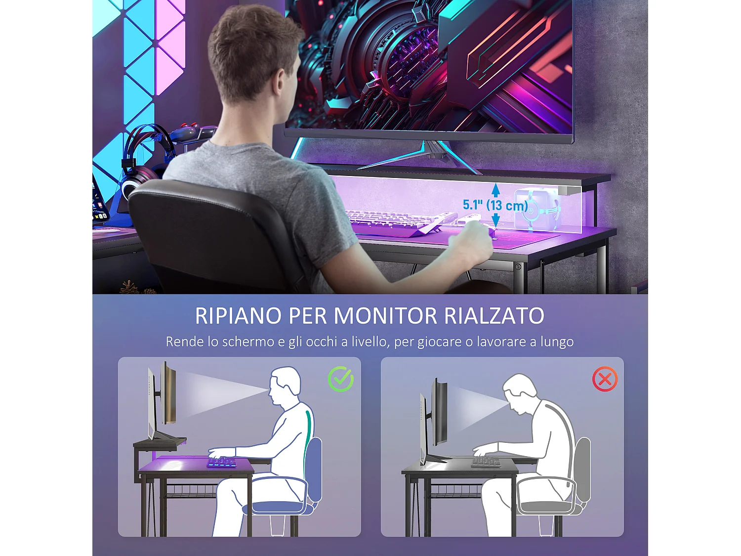Scrivania angolare reversibile con luci led prese usb e ripiani nero