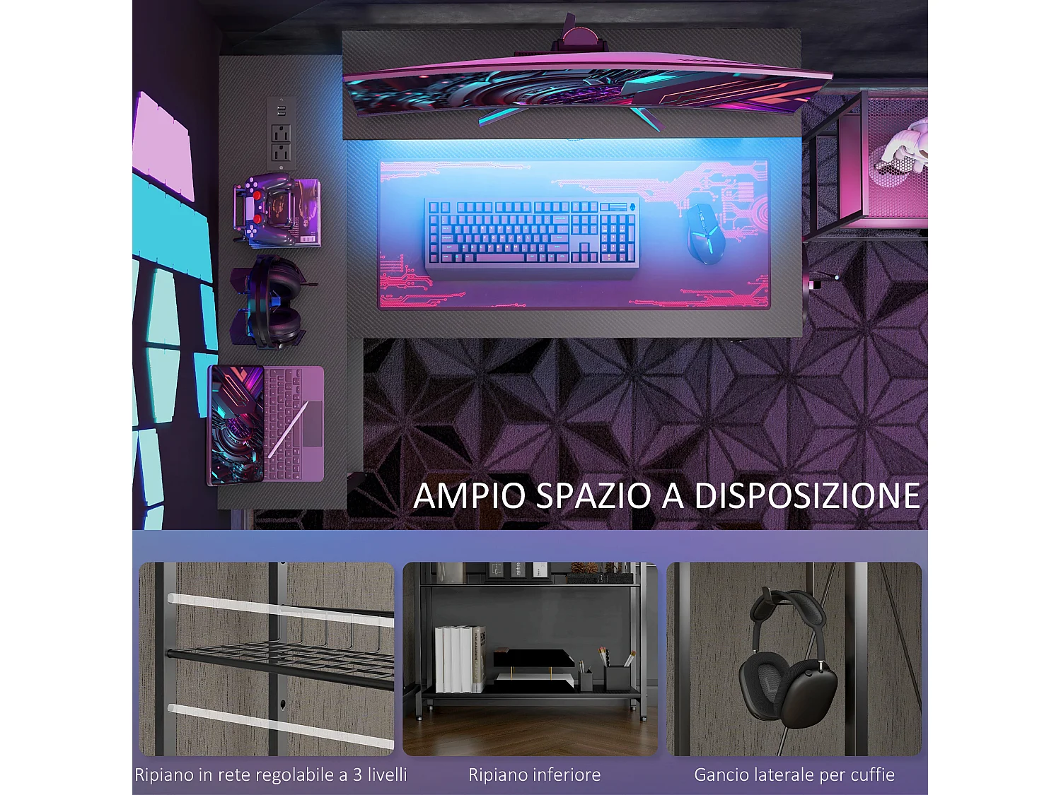 Scrivania angolare reversibile con luci led prese usb e ripiani nero