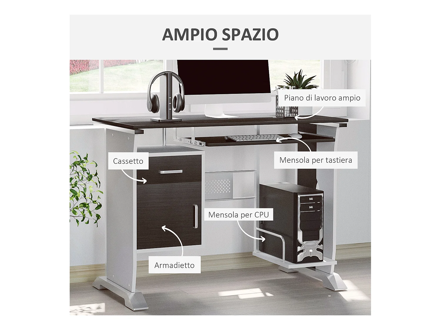 Scrivania per computer porta pc con cassetto in legno 100x52x75 cm