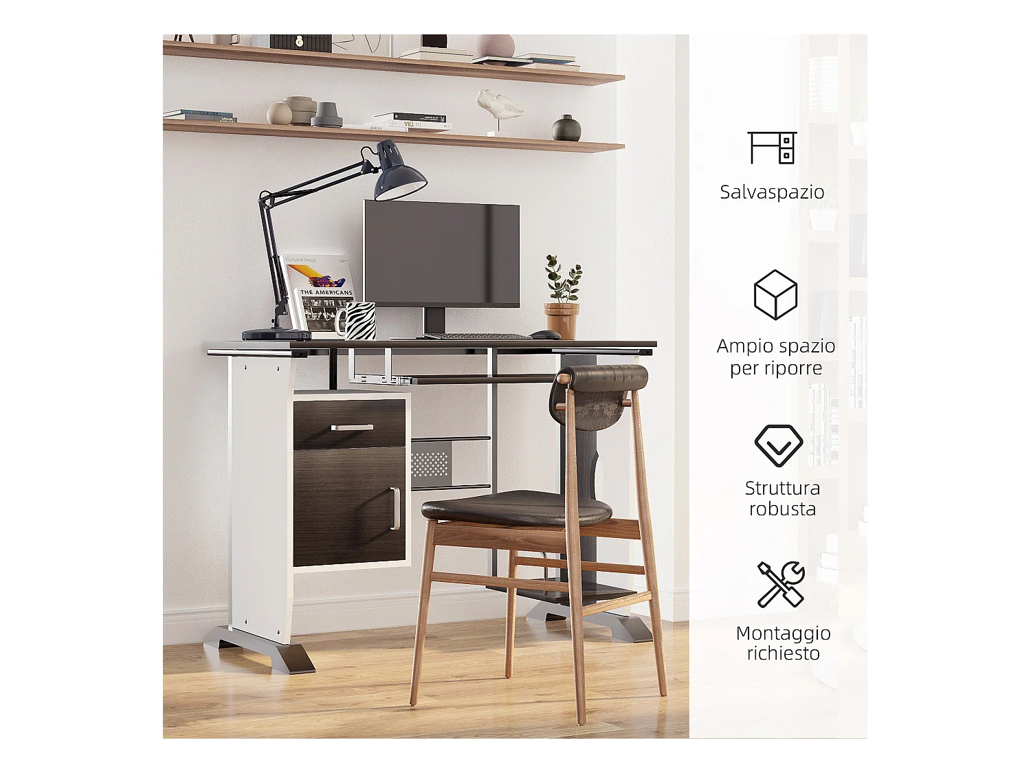 Scrivania per computer porta pc con cassetto in legno 100x52x75 cm