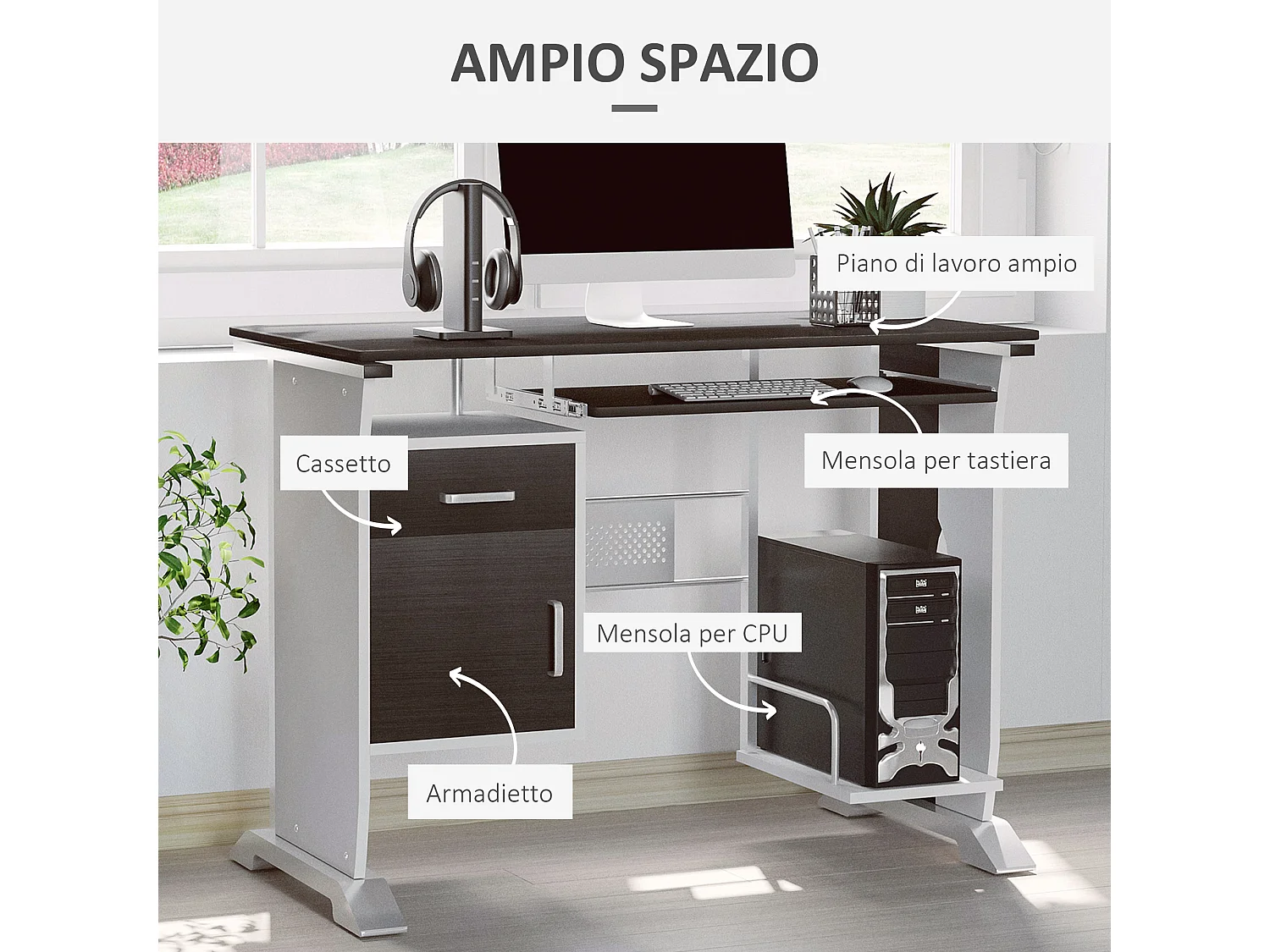 Scrivania per computer porta pc con cassetto in legno 100x52x75 cm