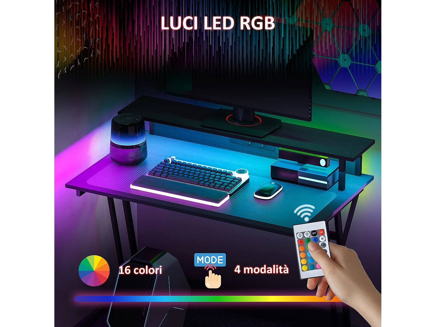 Scrivania gaming con luci led e supporto monitor in legno acciaio nero