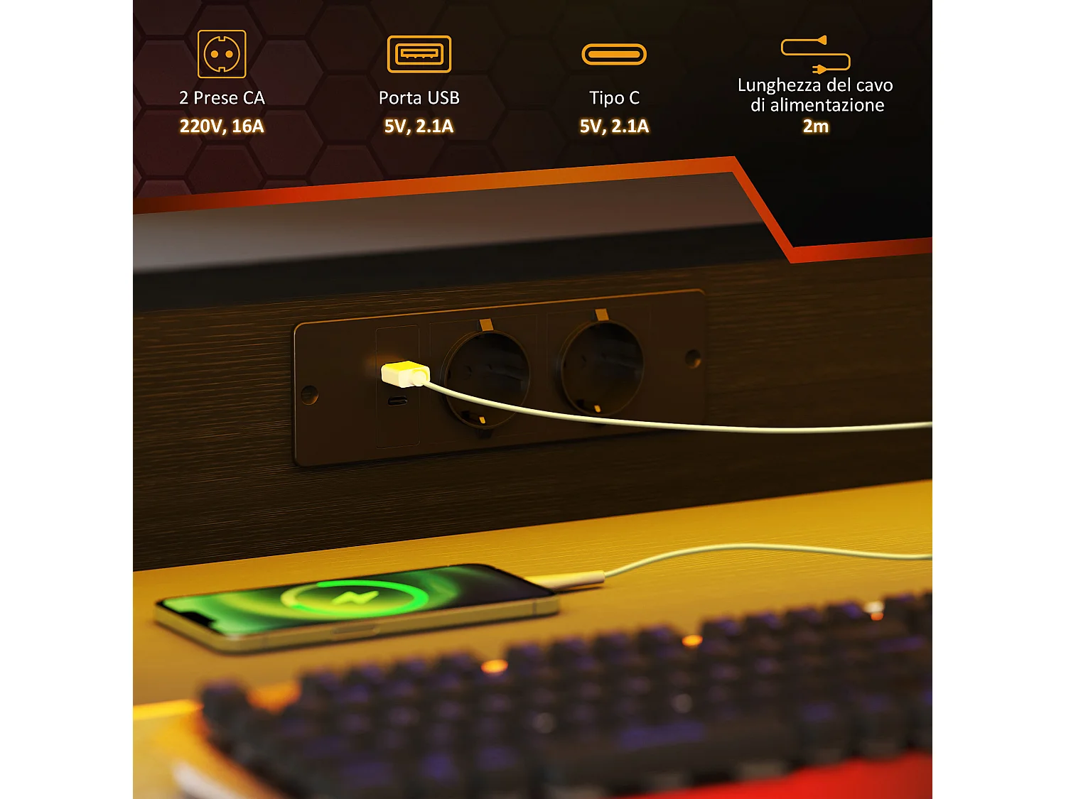 Scrivania gaming con luci led e supporto monitor in legno acciaio nero
