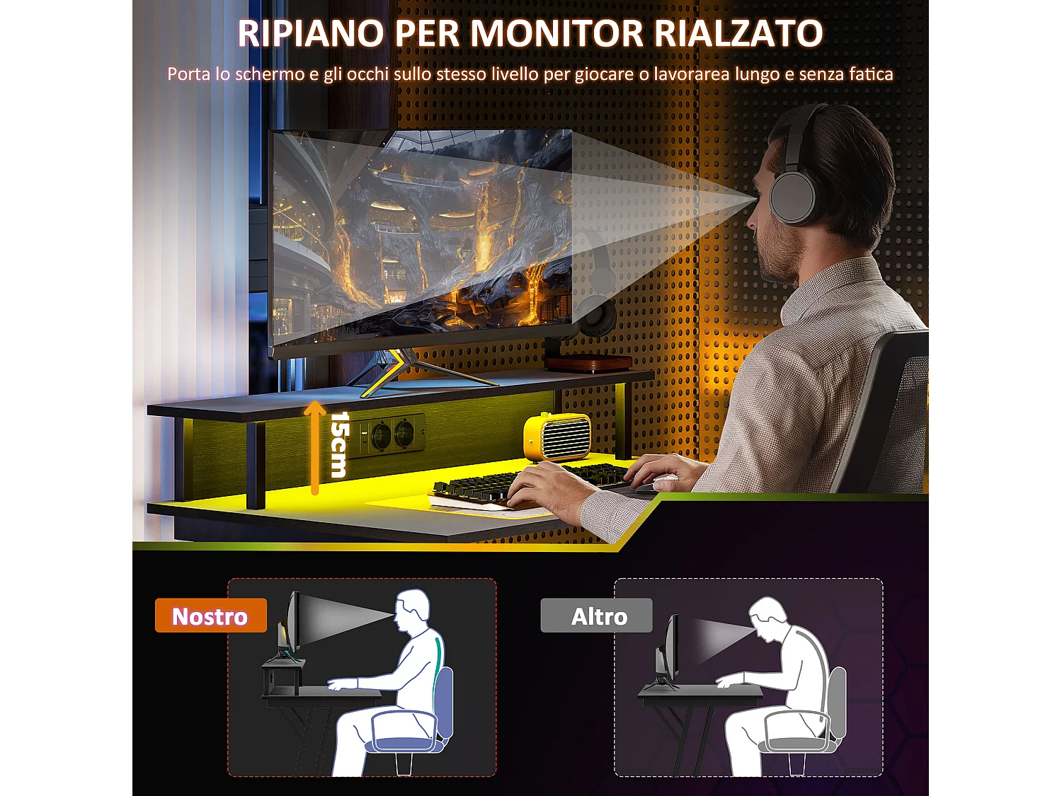 Scrivania gaming con luci led e supporto monitor in legno acciaio nero