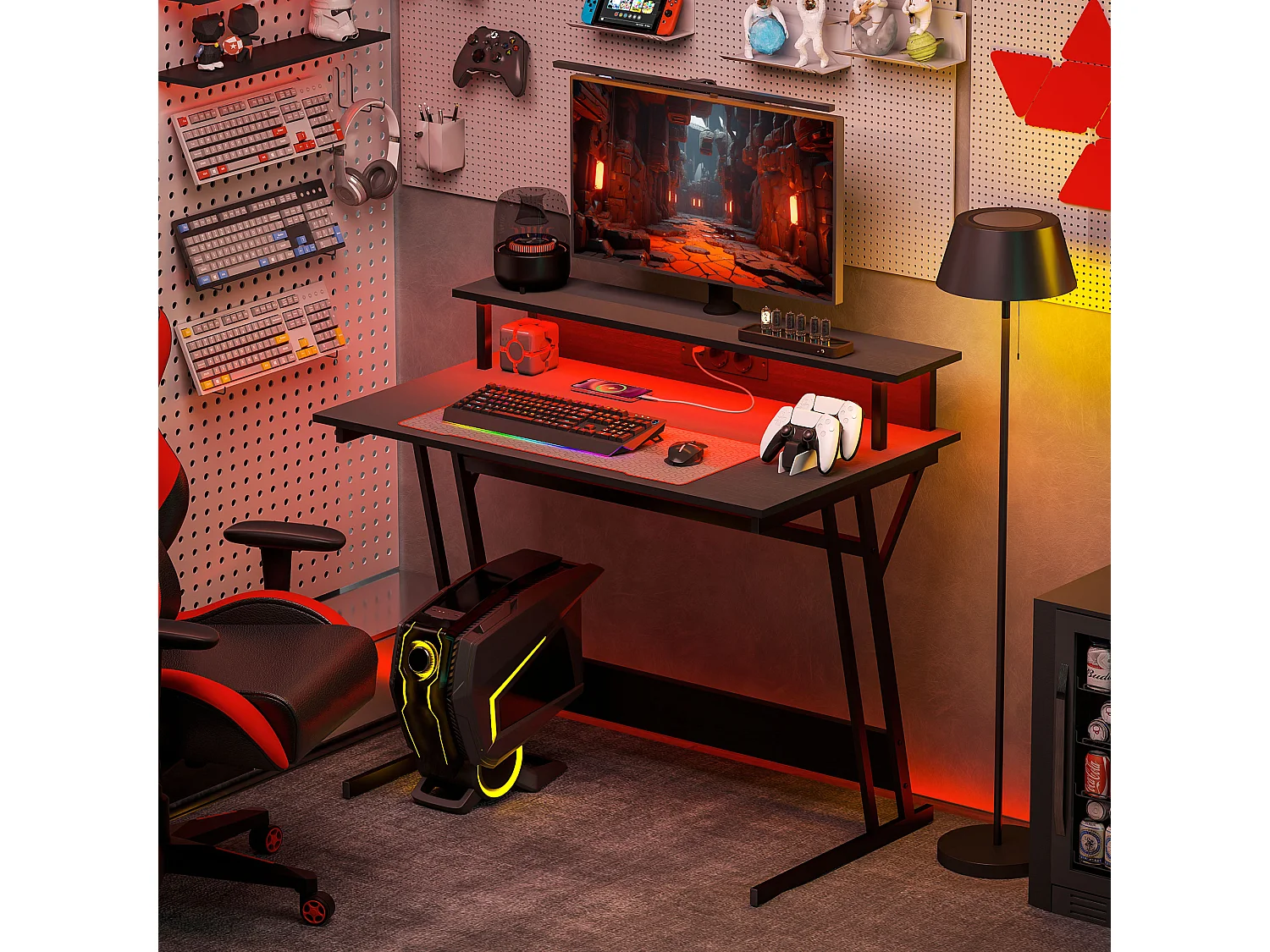 Scrivania gaming con luci led e supporto monitor in legno acciaio nero