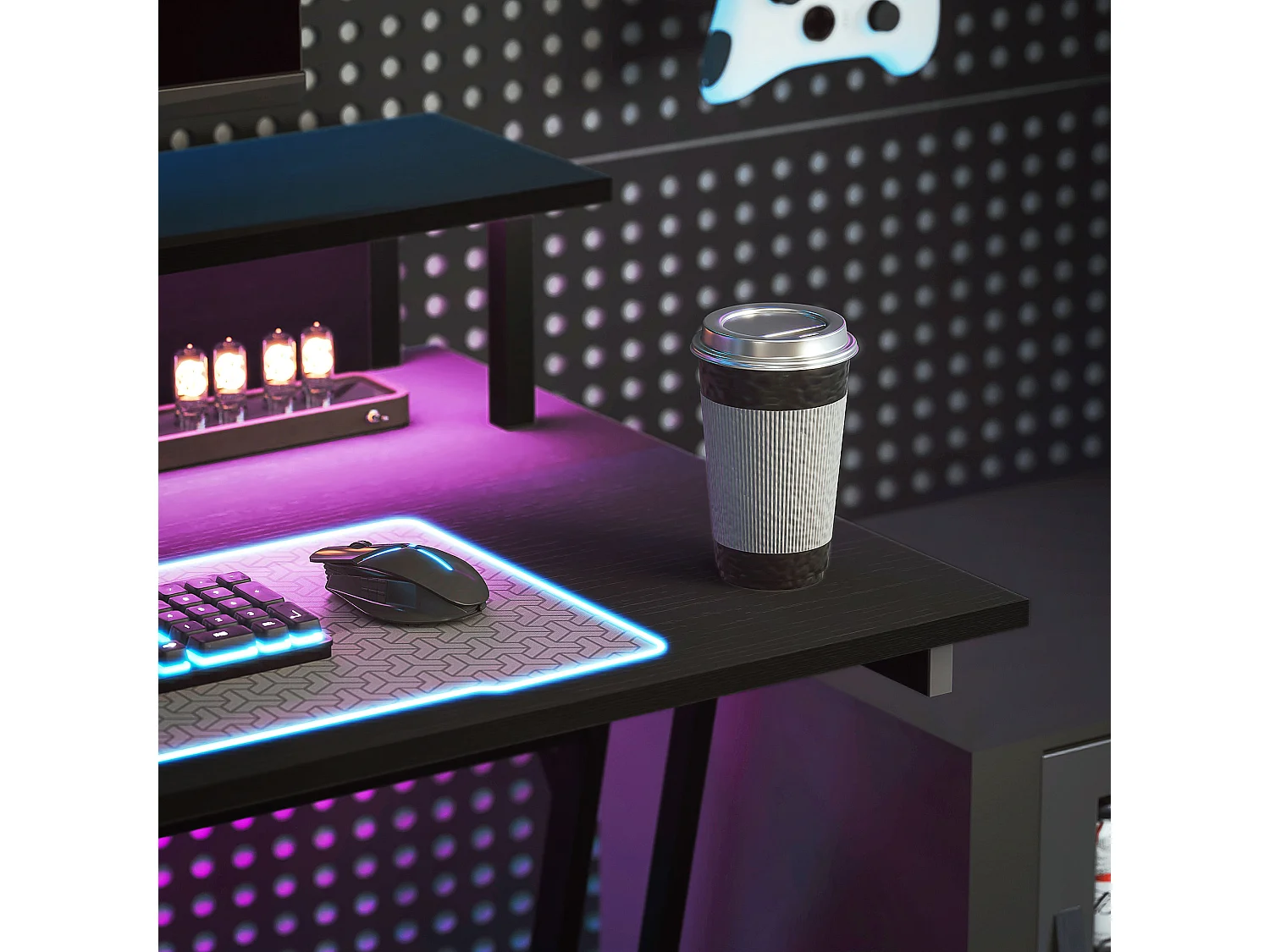 Scrivania gaming con luci led e supporto monitor in legno acciaio nero