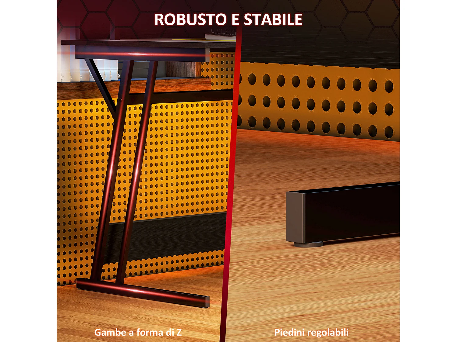 Scrivania gaming con luci led e supporto monitor in legno acciaio nero