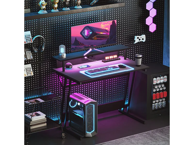 Scrivania gaming con luci led e supporto monitor in legno acciaio nero