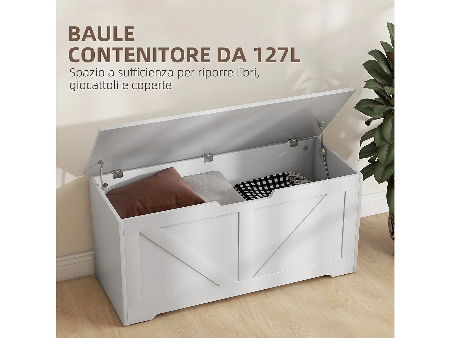 Cassapanca con contenitore da 127 litri 100x40x45cm in legno bianco