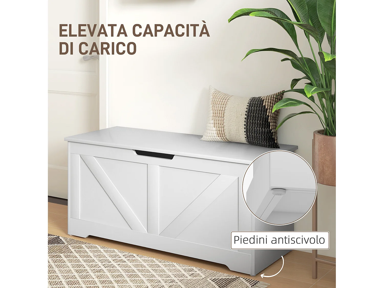 Cassapanca con contenitore da 127 litri 100x40x45cm in legno bianco
