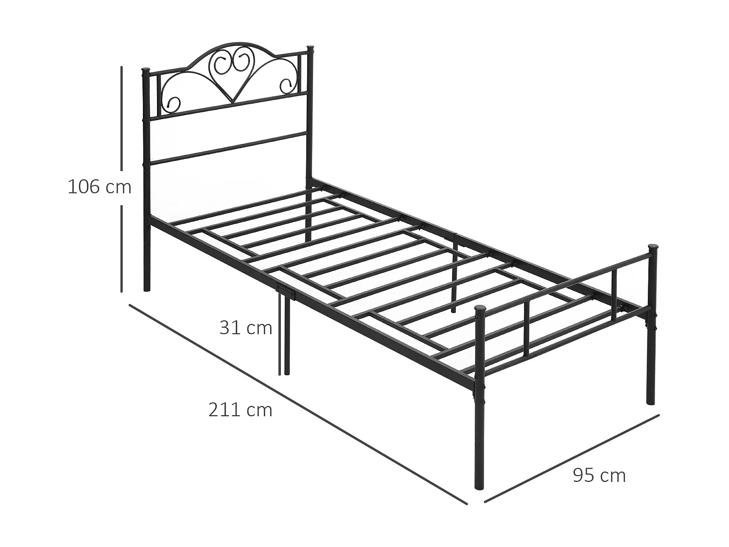Struttura letto singolo 90x200cm in acciaio doghe e testiera