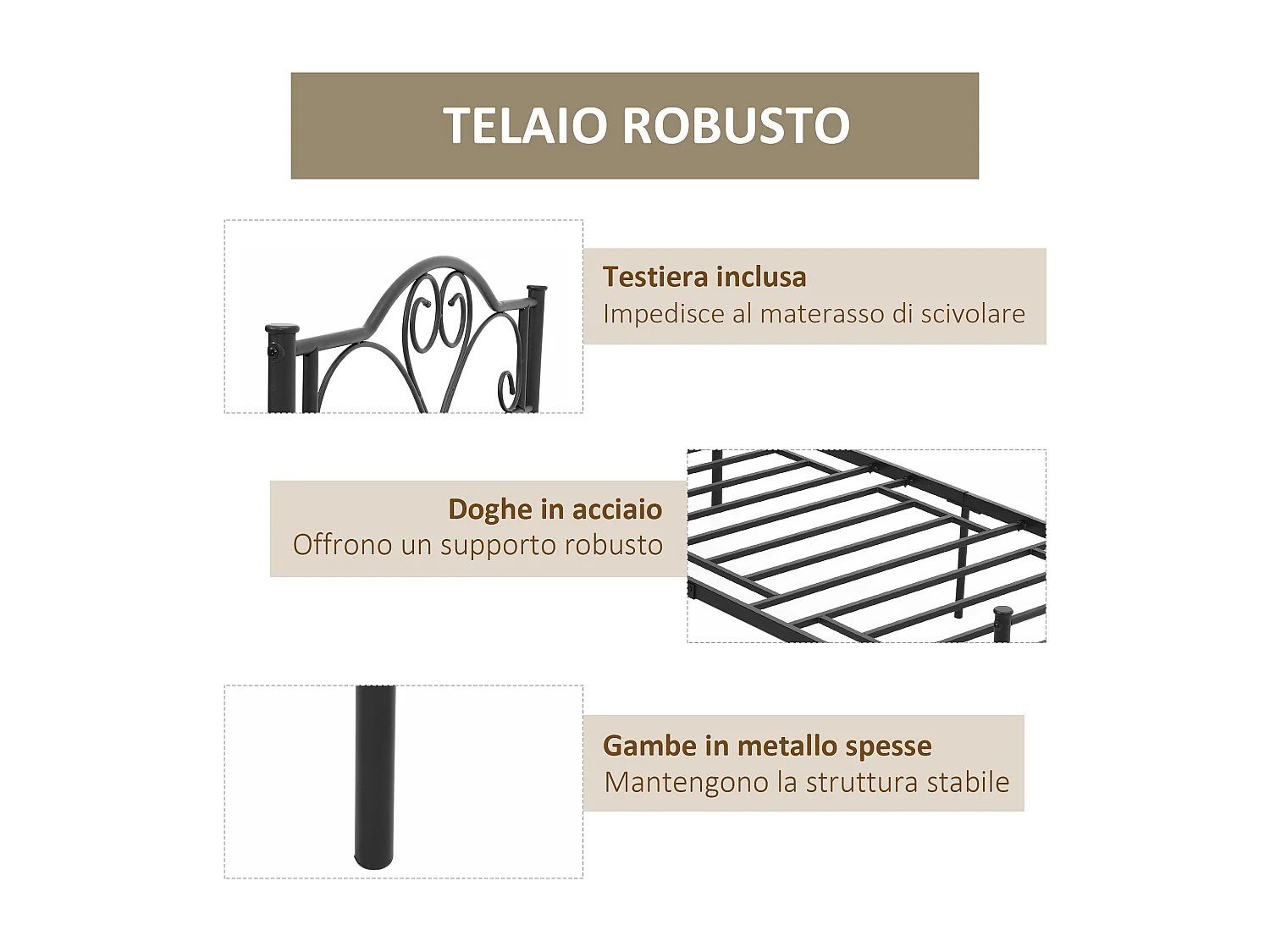 Struttura letto singolo 90x200cm in acciaio doghe e testiera