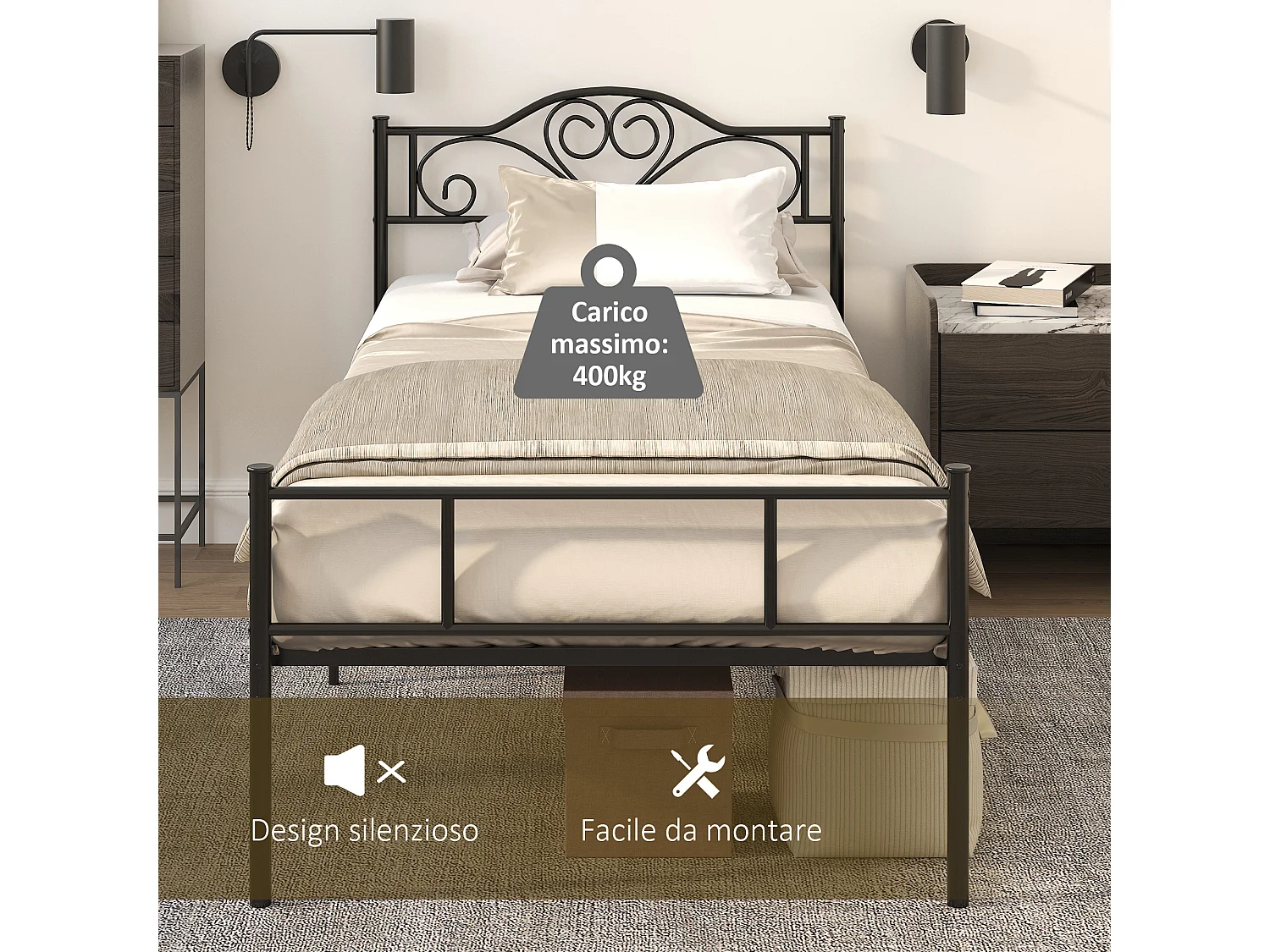 Struttura letto singolo 90x200cm in acciaio doghe e testiera