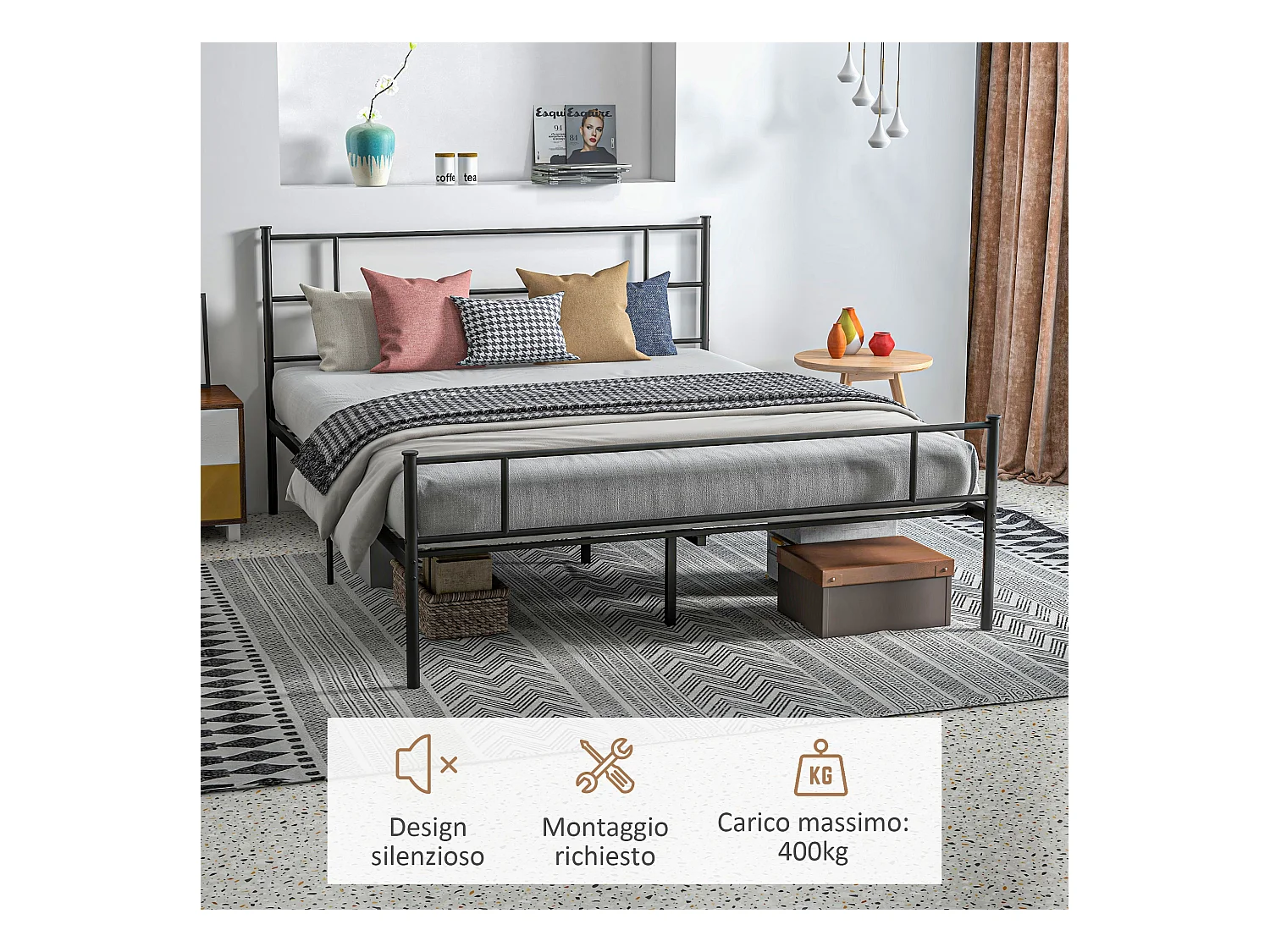 Letto matrimoniale 160x200cm con doghe e testiera acciaio