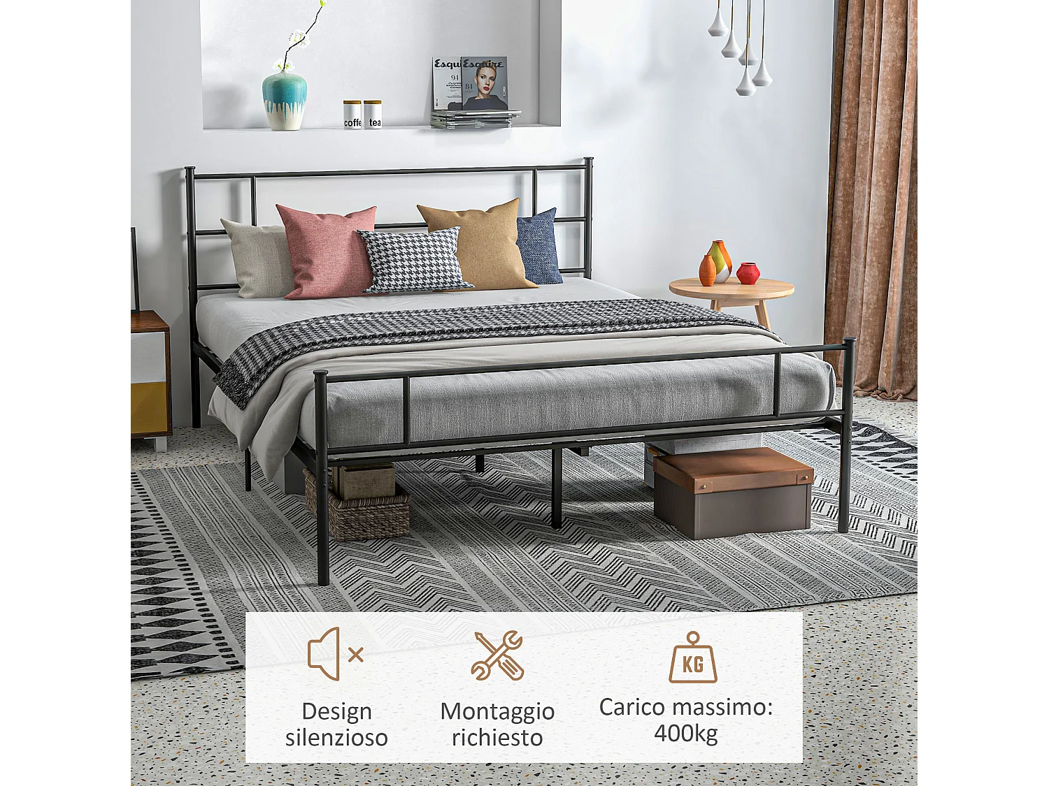 Letto matrimoniale 160x200cm con doghe e testiera acciaio