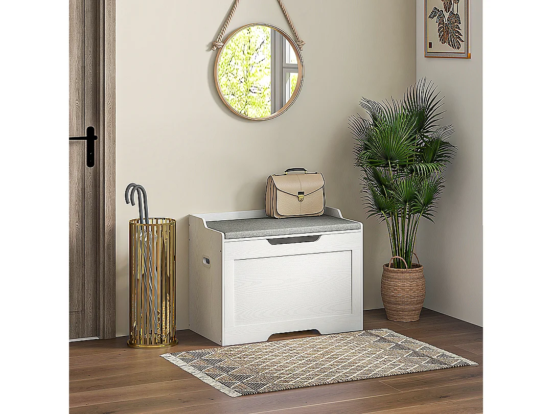 Panca contenitore con cuscino in legno e tessuto bianco e grigio