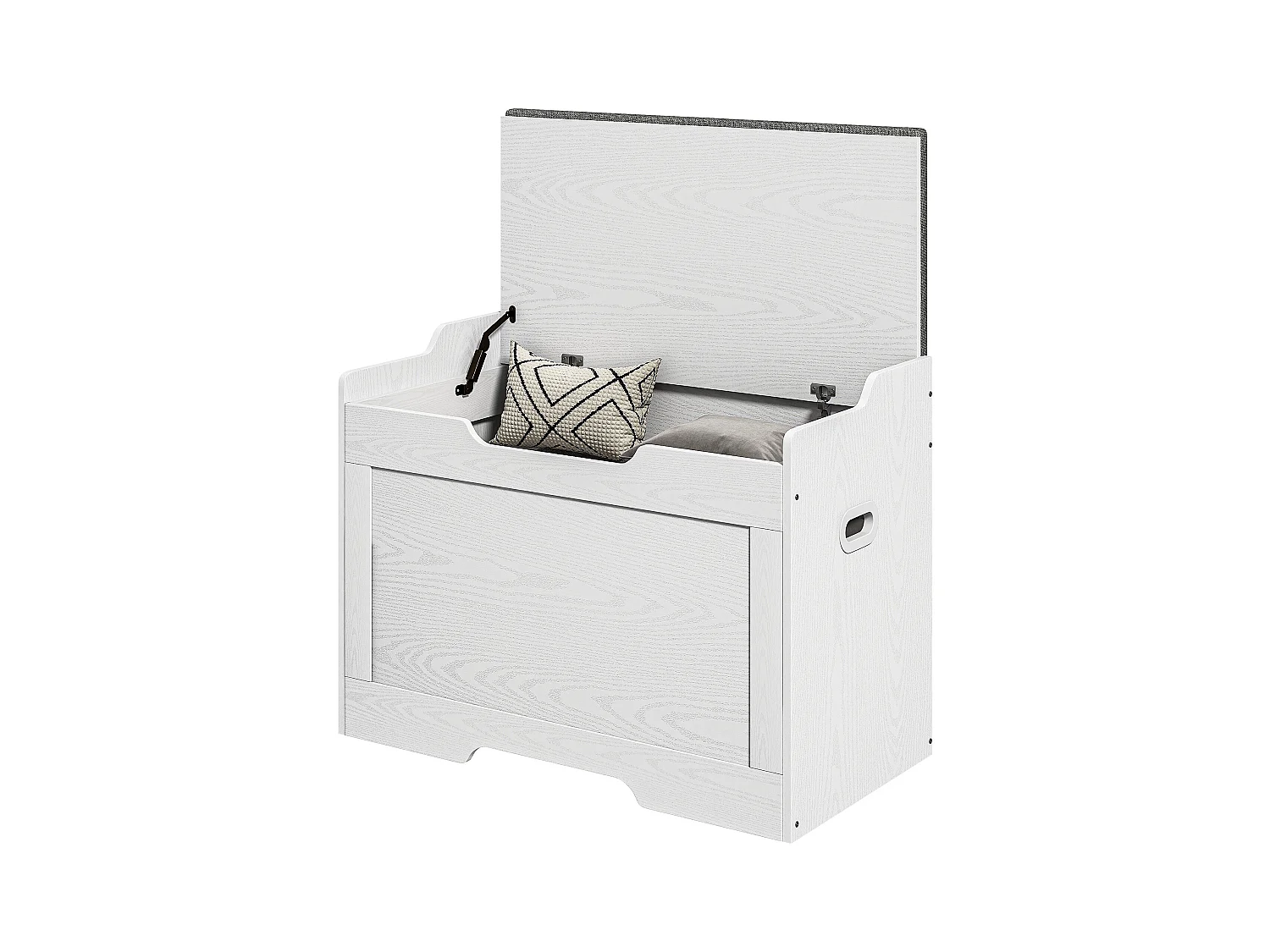 Panca contenitore con cuscino in legno e tessuto bianco e grigio