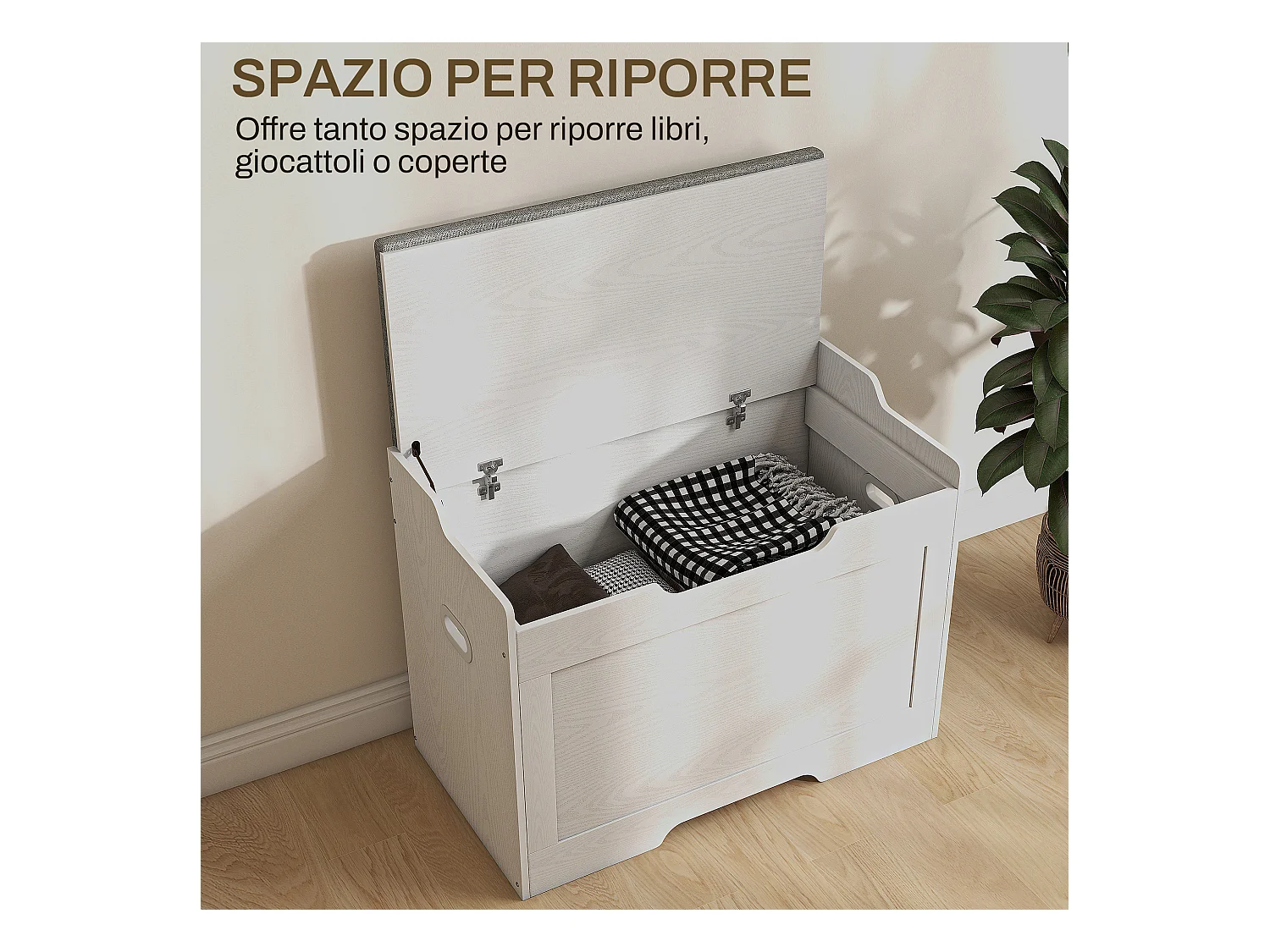 Panca contenitore con cuscino in legno e tessuto bianco e grigio