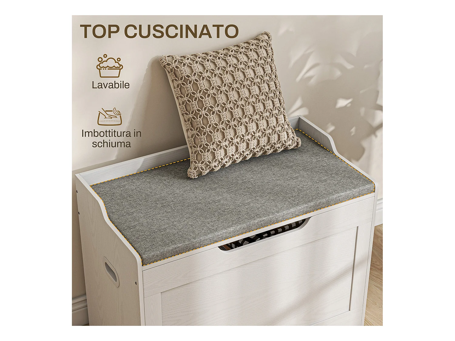Panca contenitore con cuscino in legno e tessuto bianco e grigio
