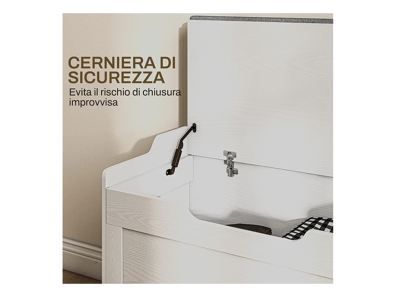 Panca contenitore con cuscino in legno e tessuto bianco e grigio
