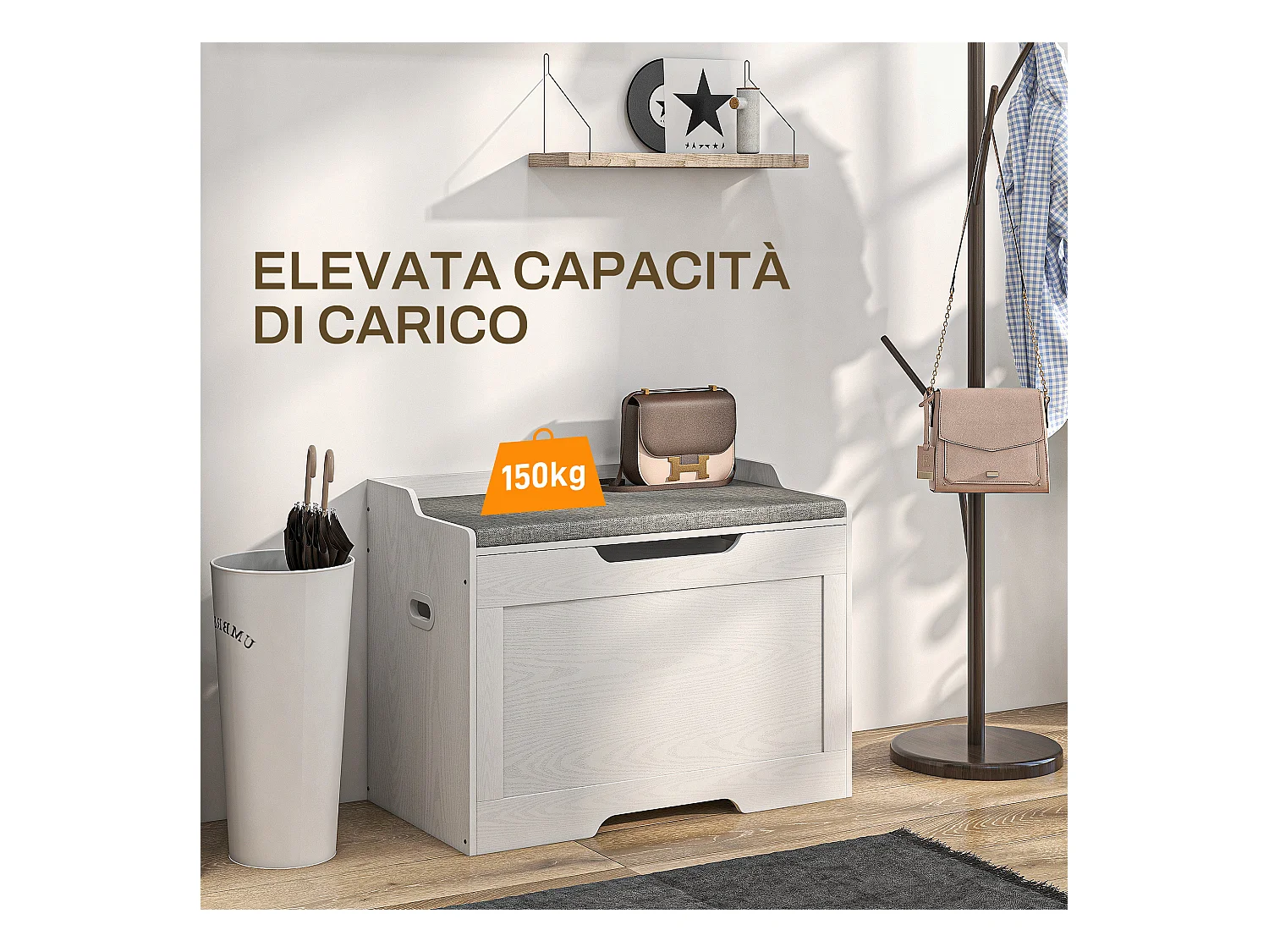 Panca contenitore con cuscino in legno e tessuto bianco e grigio