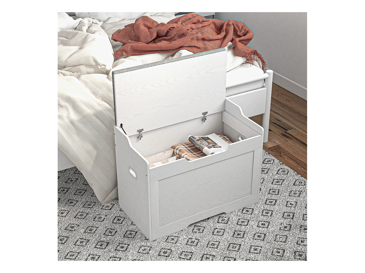 Panca contenitore con cuscino in legno e tessuto bianco e grigio