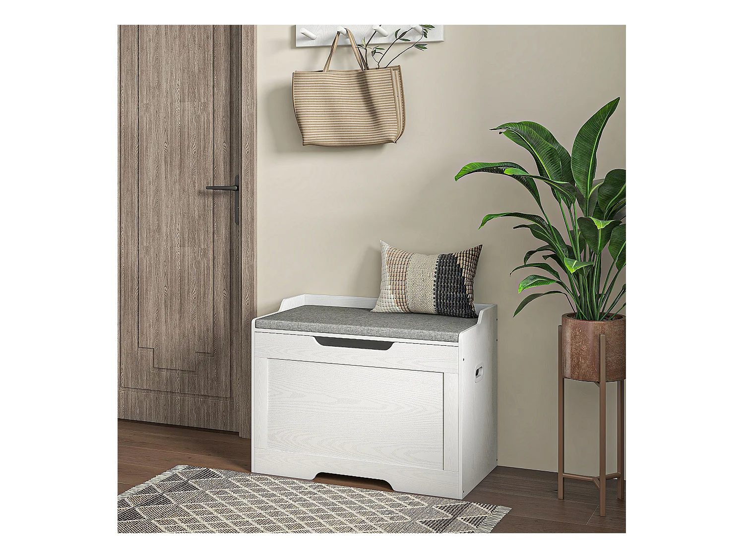 Panca contenitore con cuscino in legno e tessuto bianco e grigio