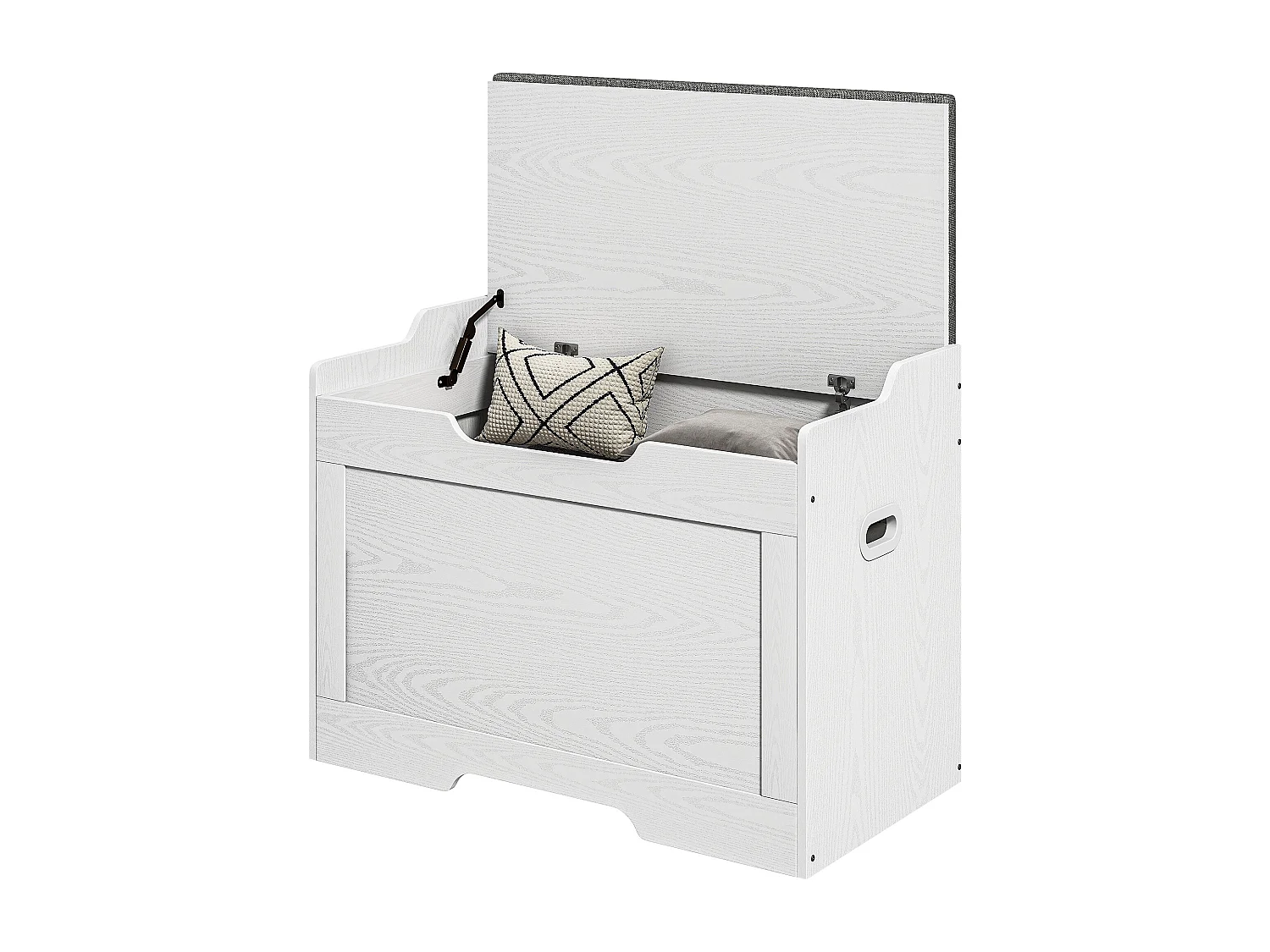 Panca contenitore con cuscino in legno e tessuto bianco e grigio