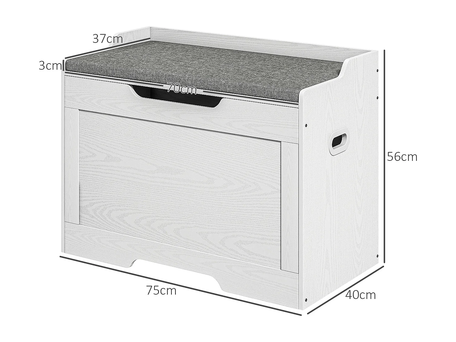 Panca contenitore con cuscino in legno e tessuto bianco e grigio