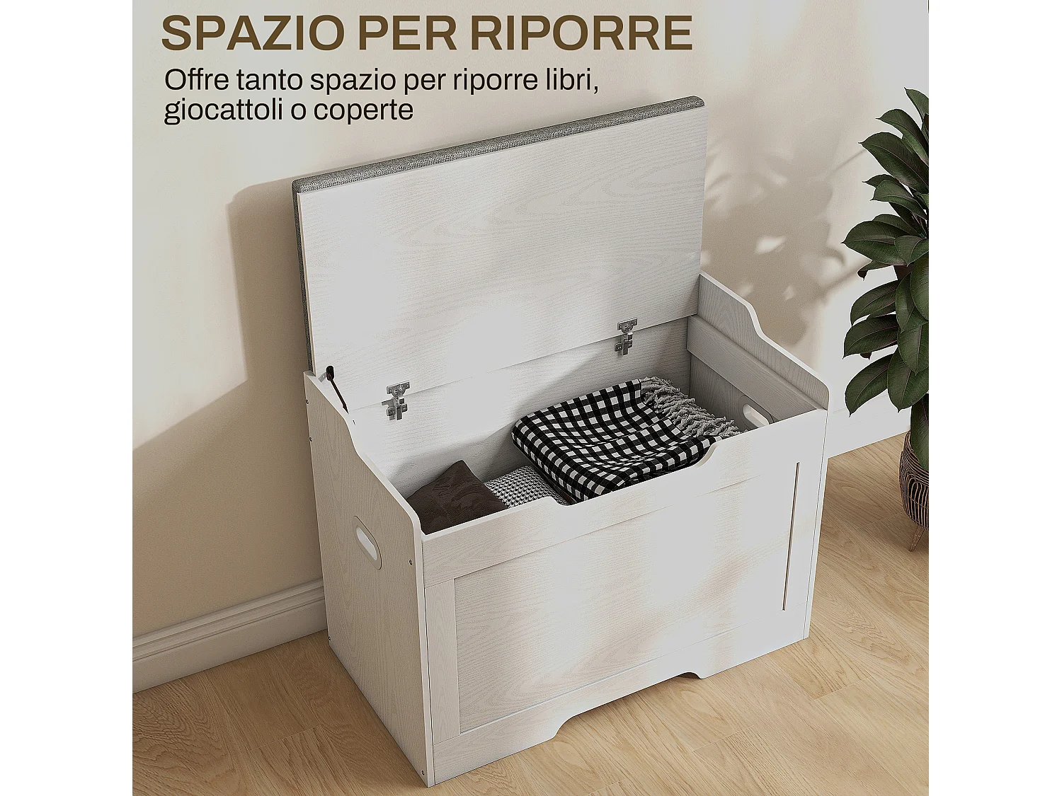 Panca contenitore con cuscino in legno e tessuto bianco e grigio